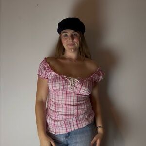 Y2k Babydoll Pink Plaid Off-Shoulder Blouse